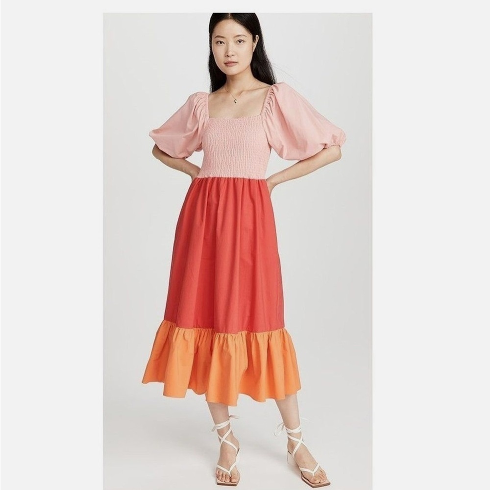 RHODE Eloise Colorblock Smocked Strawberry Multi Midi Dress - Picture 1 of 11